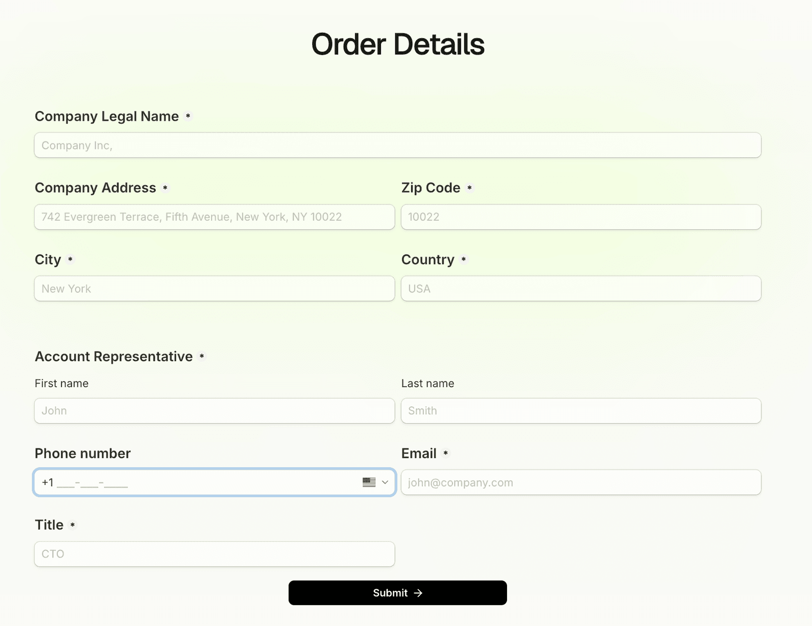 Probo order form on the website