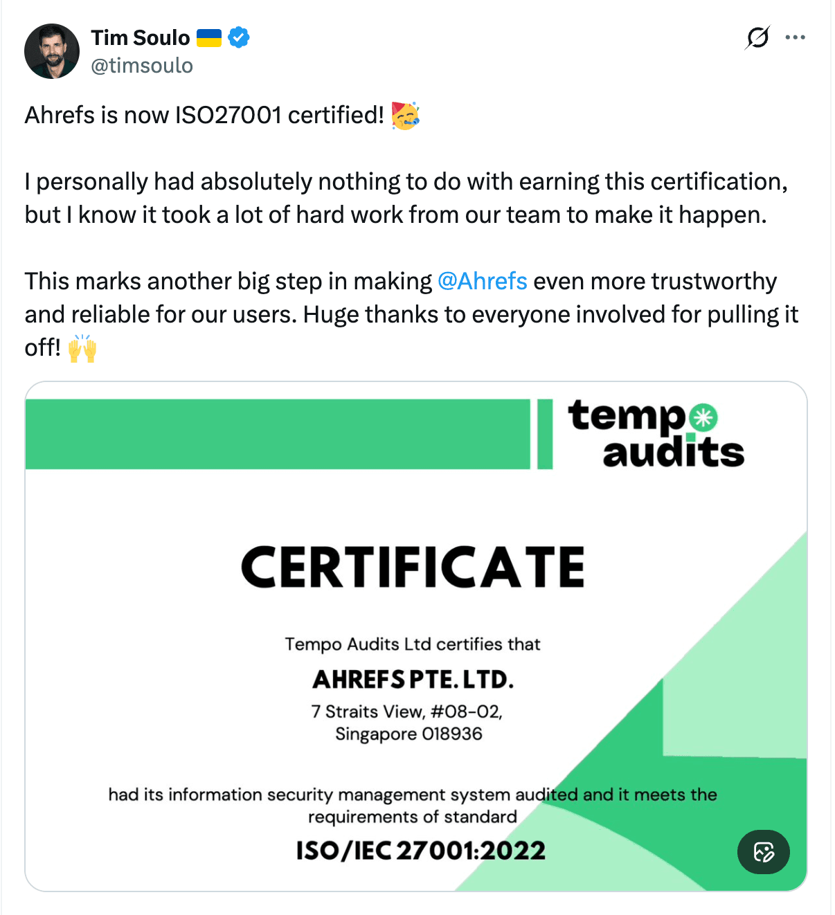 Ahrefs X post about ISO 27001 certification